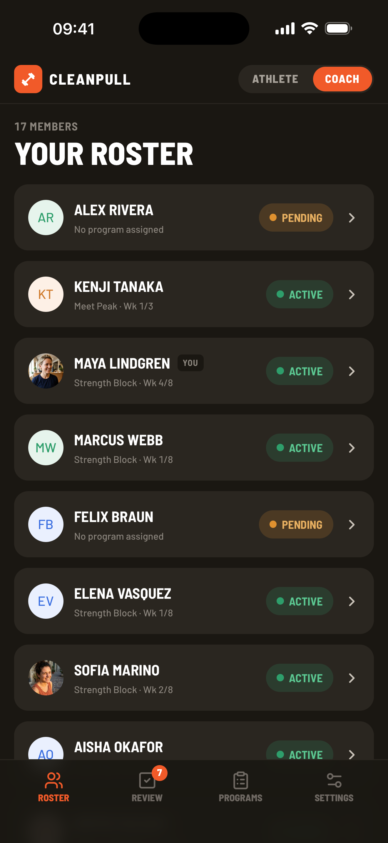 Coach roster showing active athletes and a pending invitation
