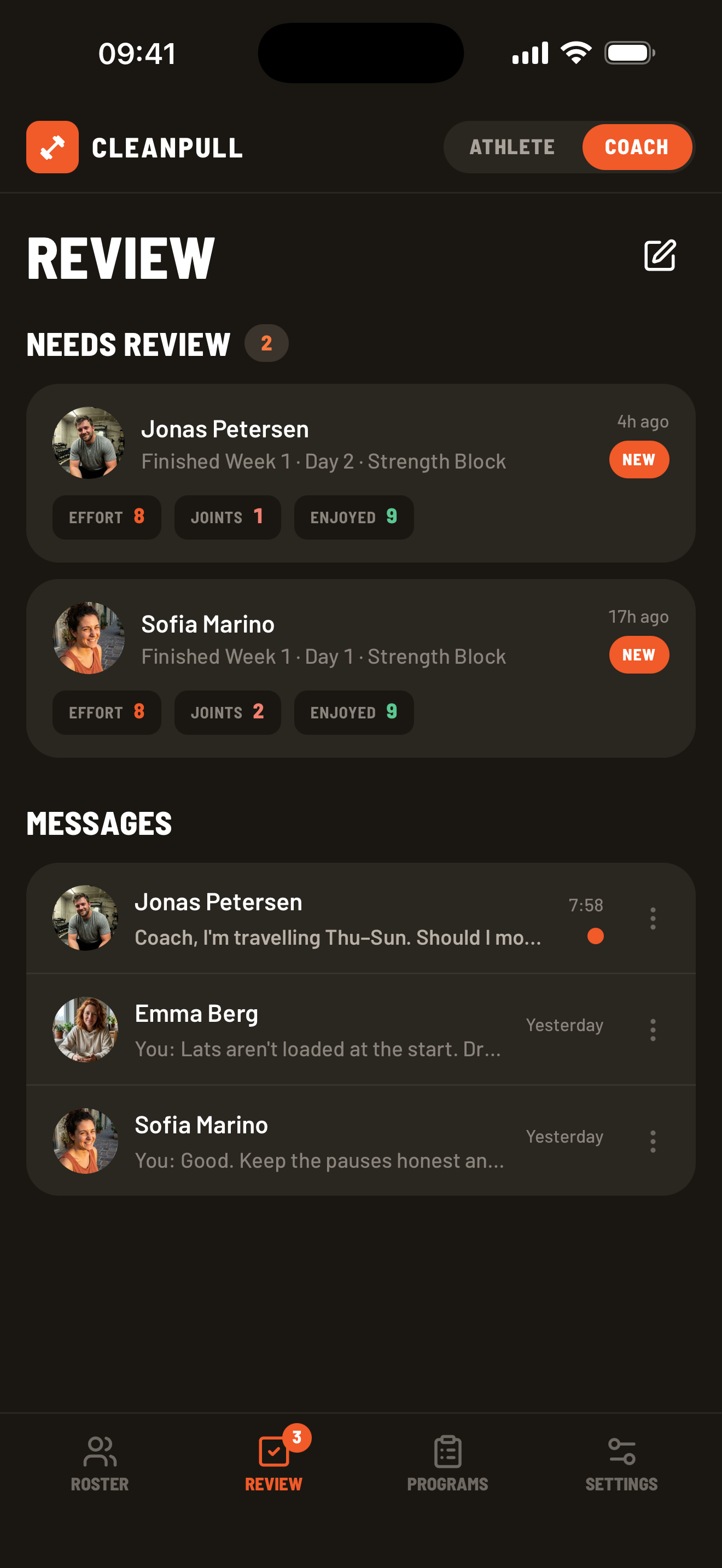 Coach Review tab with sessions needing review and athlete message threads