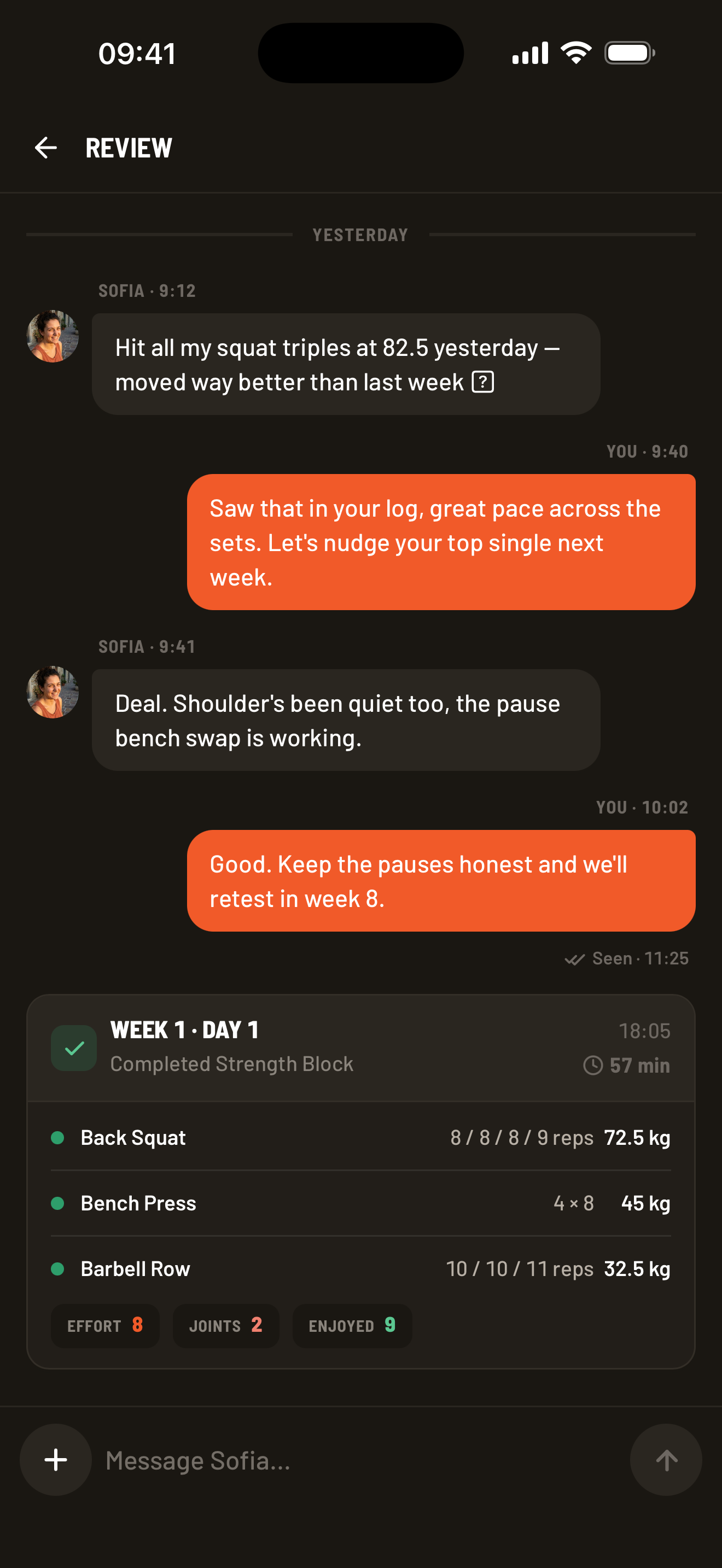 Coach and athlete conversation containing a completed session card