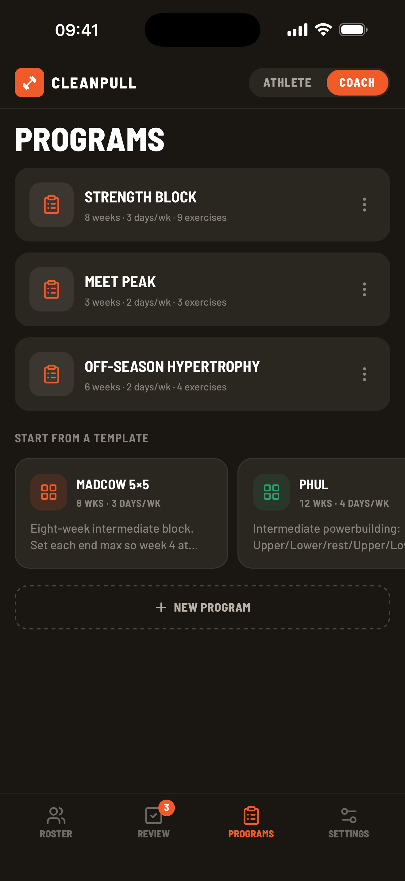 Programs screen with active programs and starter templates