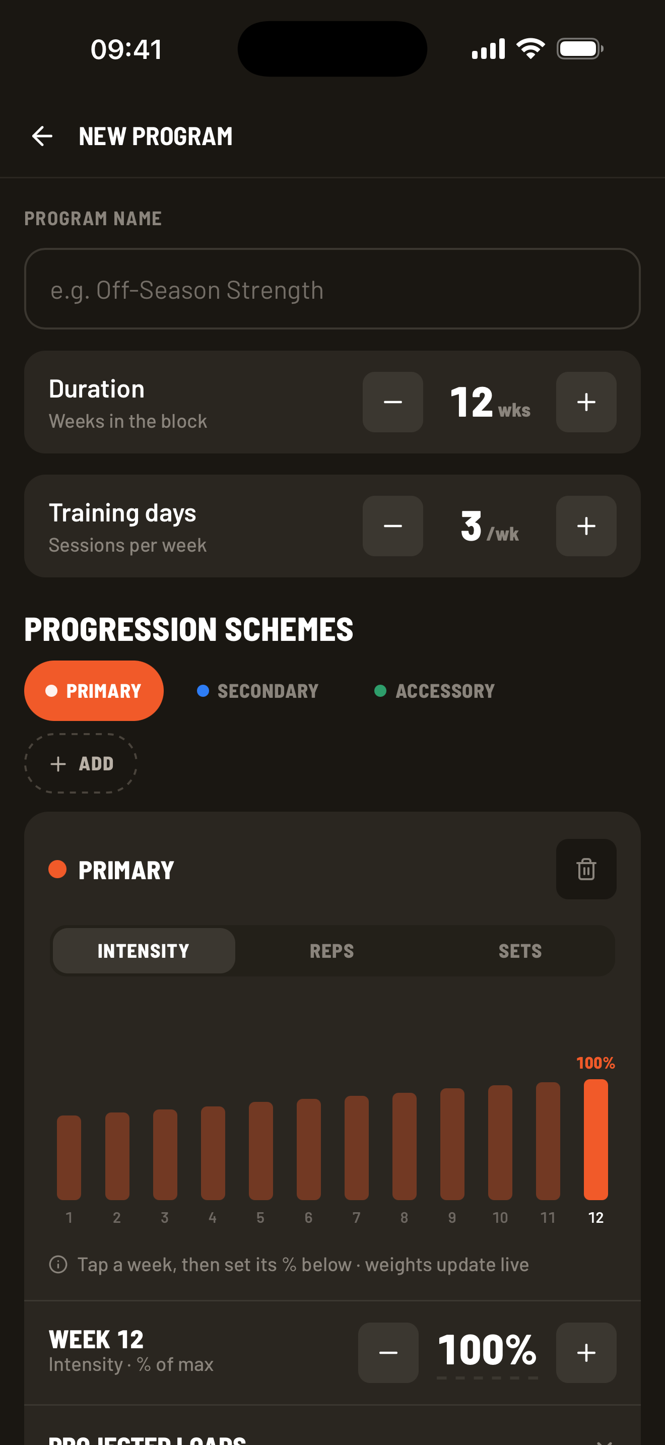 New program screen with a 12-week duration, three training days, and Primary, Secondary, and Accessory schemes