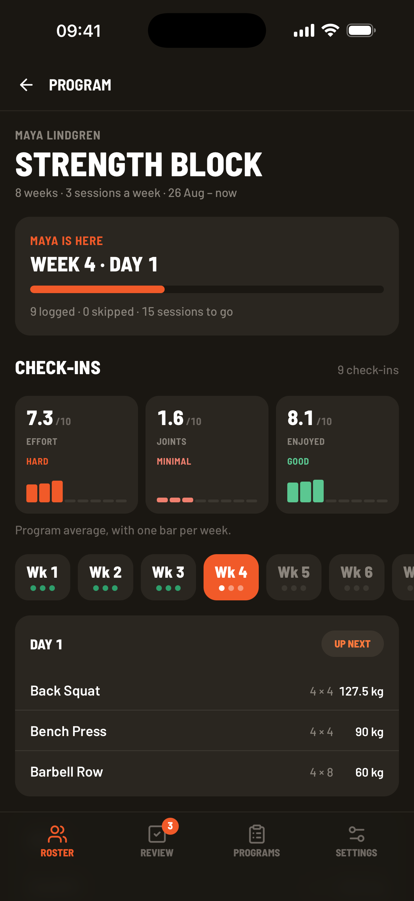 Coach program overview showing an athlete at week 4 day 1 with prescribed sets, reps, and loads
