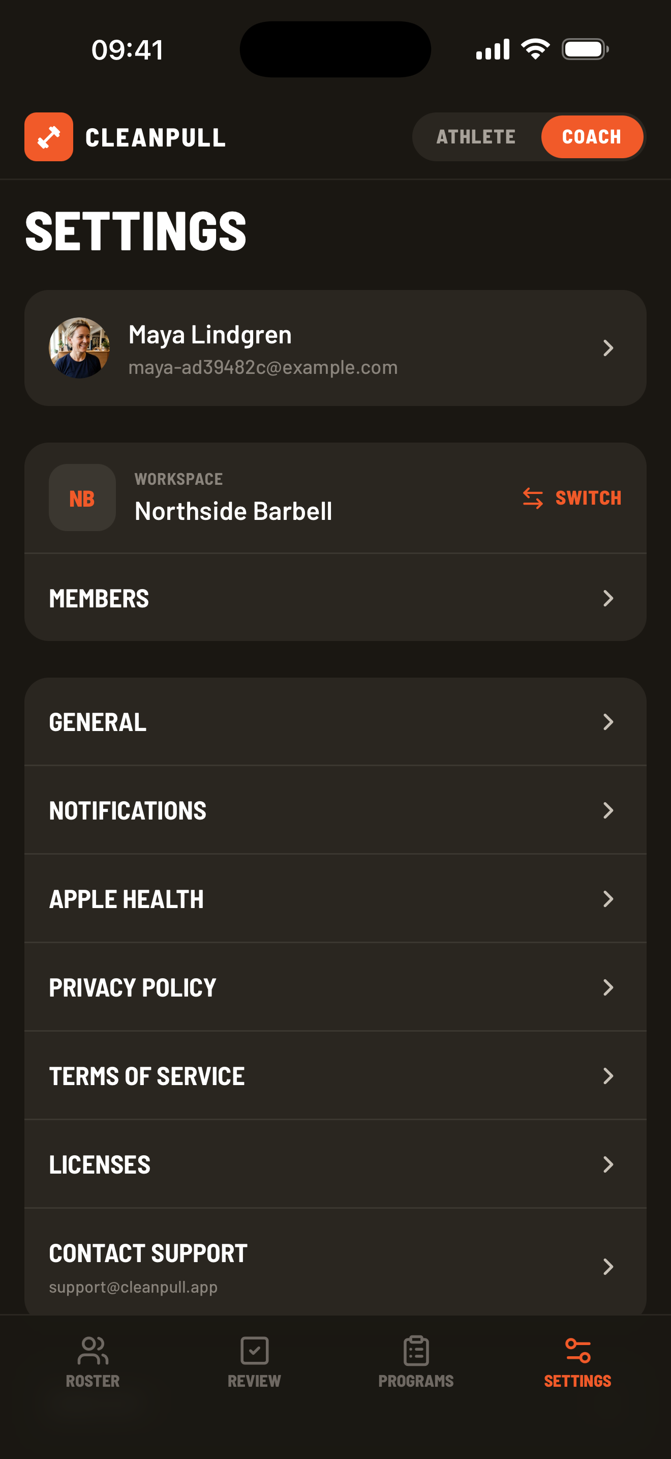 Coach Settings with profile, workspace switcher, members, notifications, and Apple Health