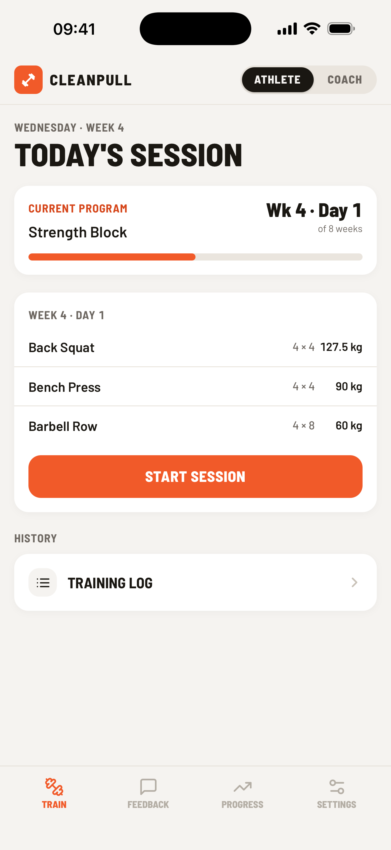 Athlete Train tab showing today's prescribed session