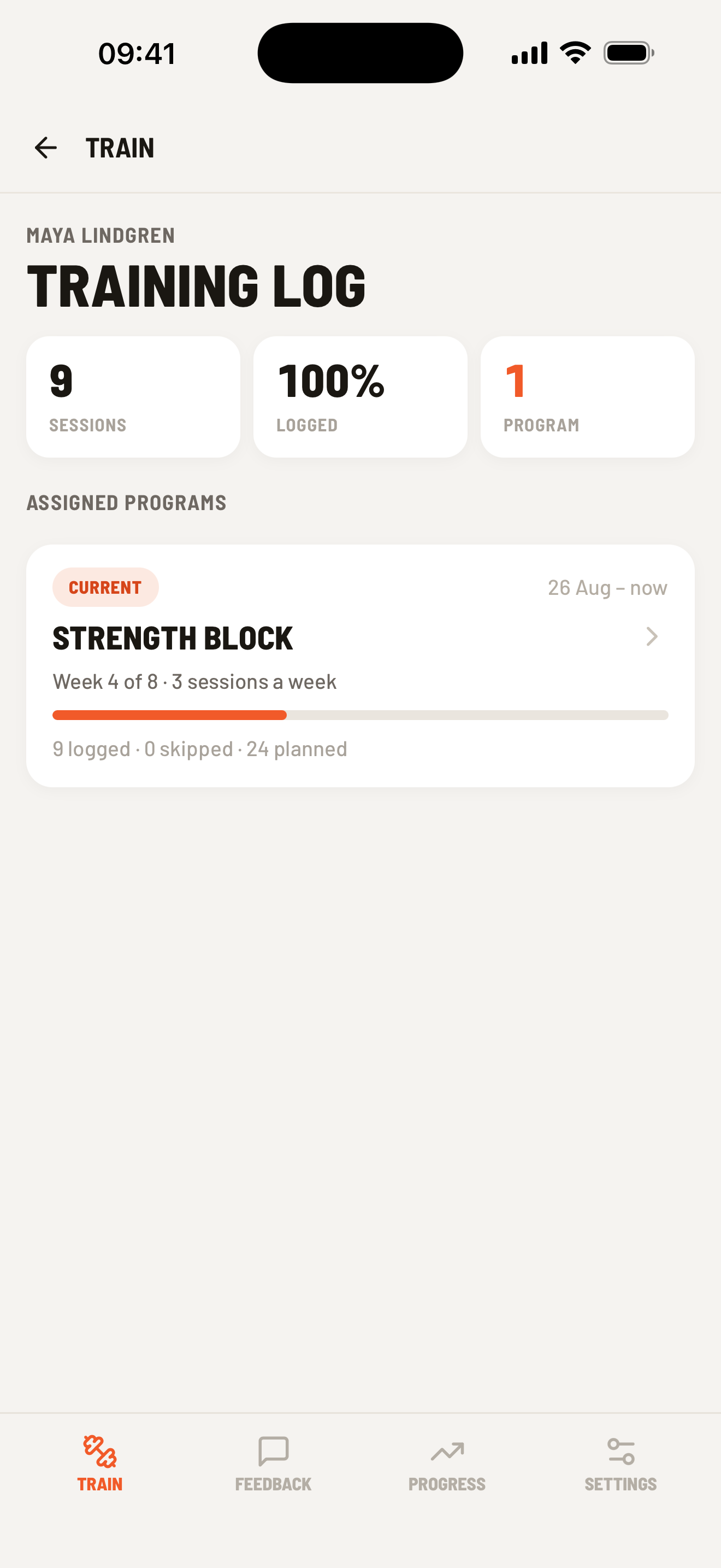 Training log with completed days, logged lifts, and a post-workout check-in