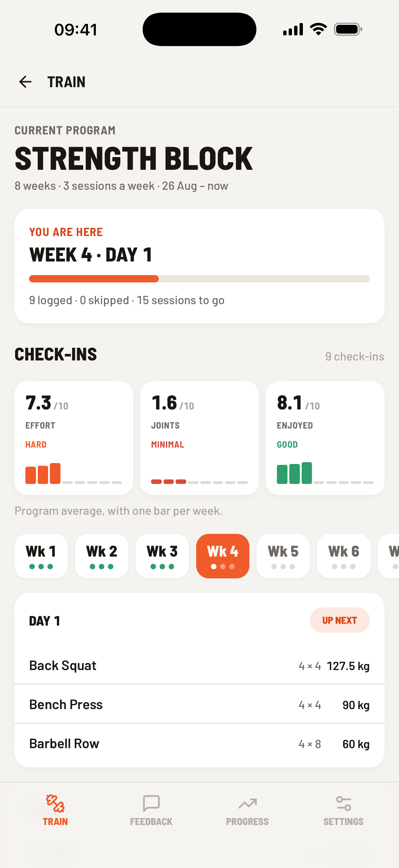 Athlete program overview showing current week and upcoming training days