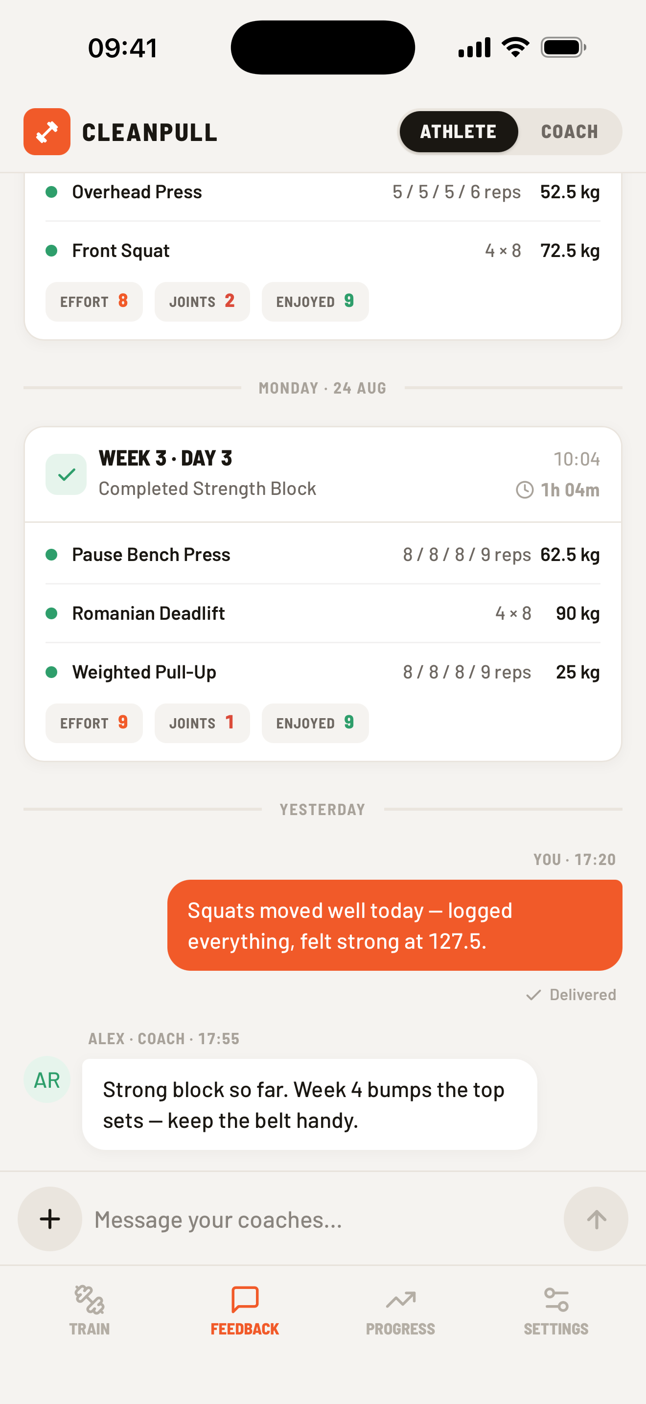 Athlete Feedback tab with a conversation between athlete and coach