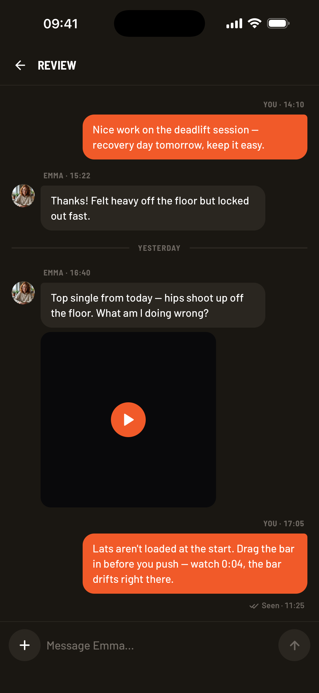 Coach conversation with an attached lifting video and timestamped feedback