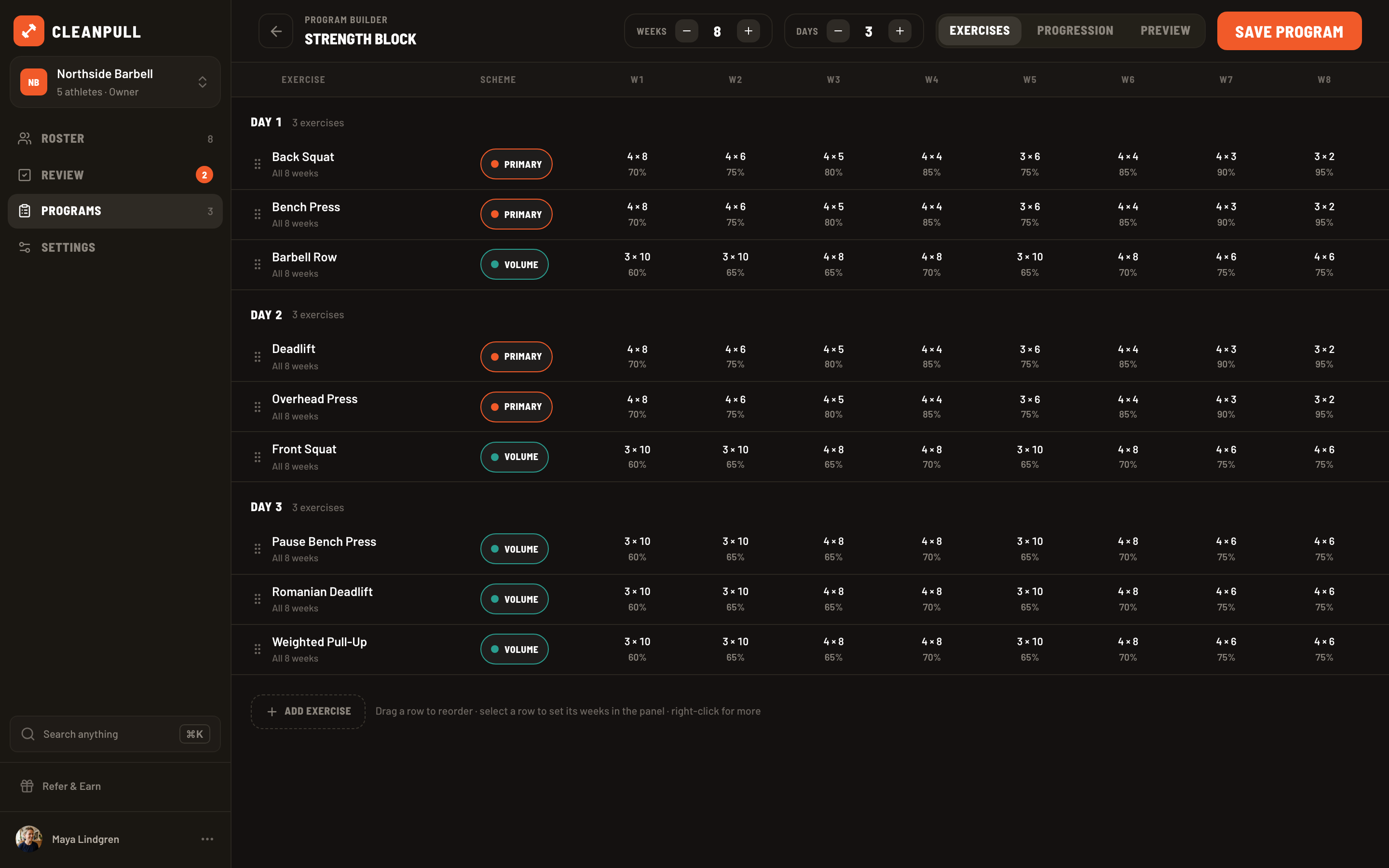 Desktop program builder showing three training days, their exercises, progression schemes, and weekly prescriptions