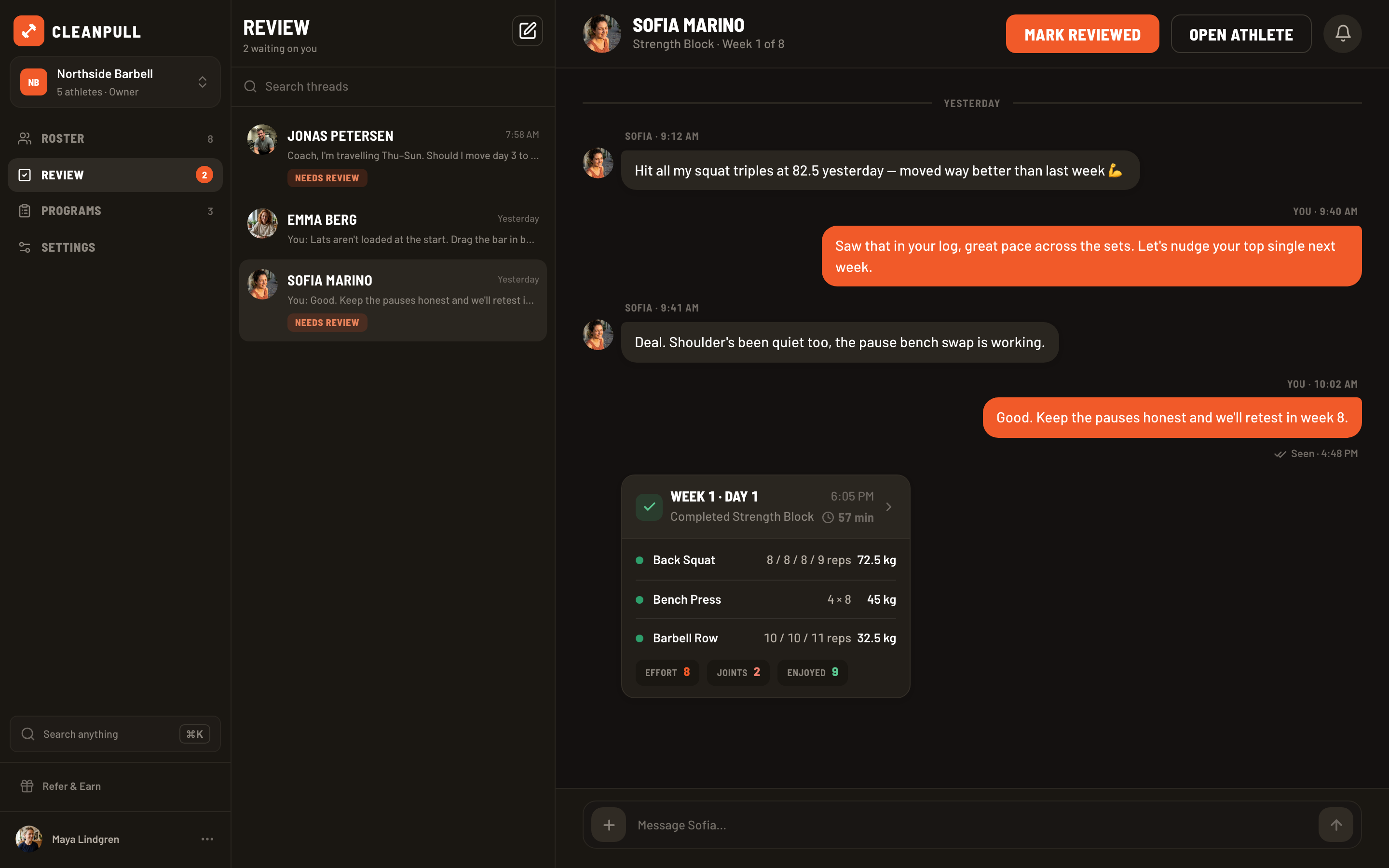 Desktop coach review with completed session details and athlete conversation