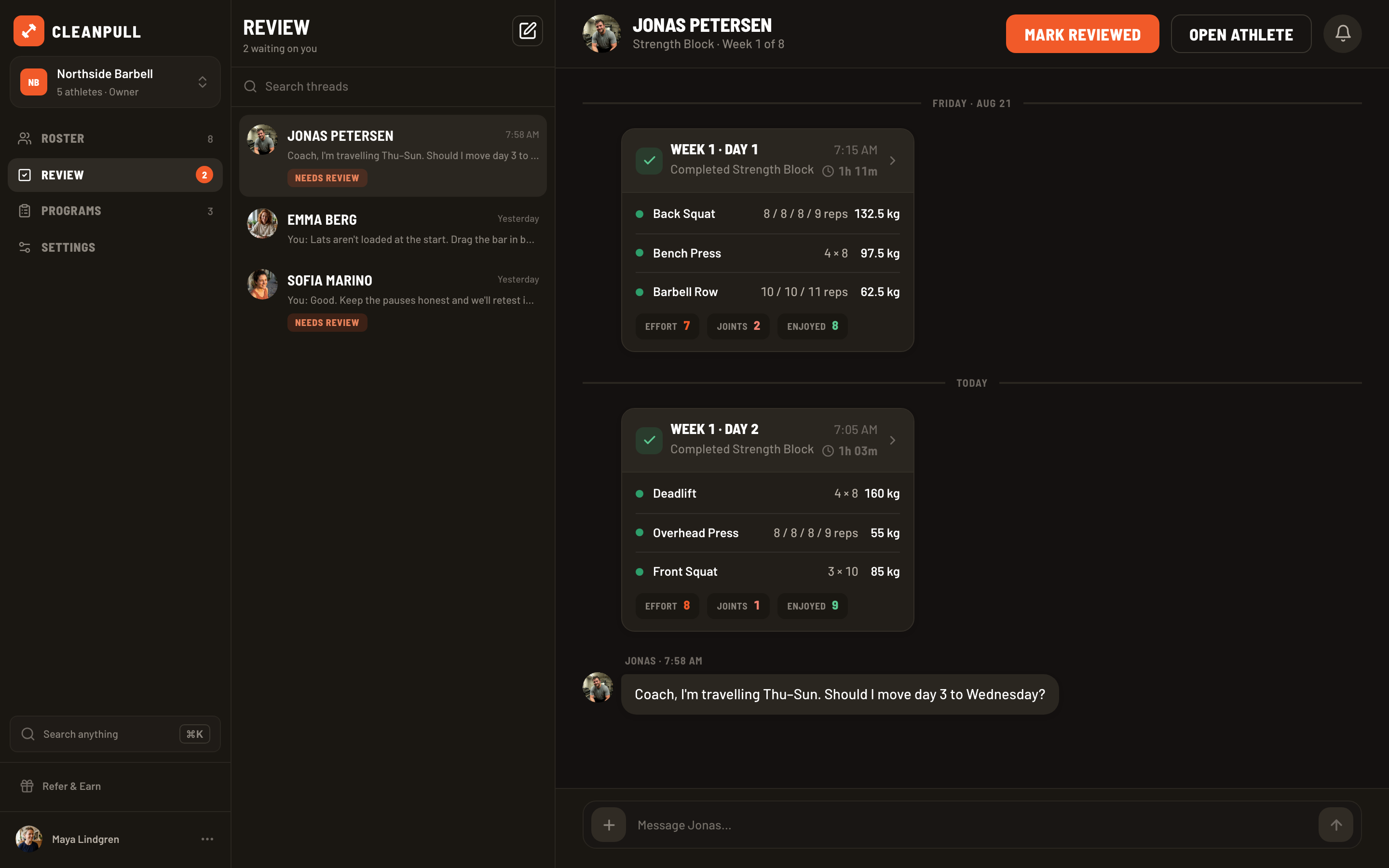 Desktop review screen with an athlete session and coaching conversation