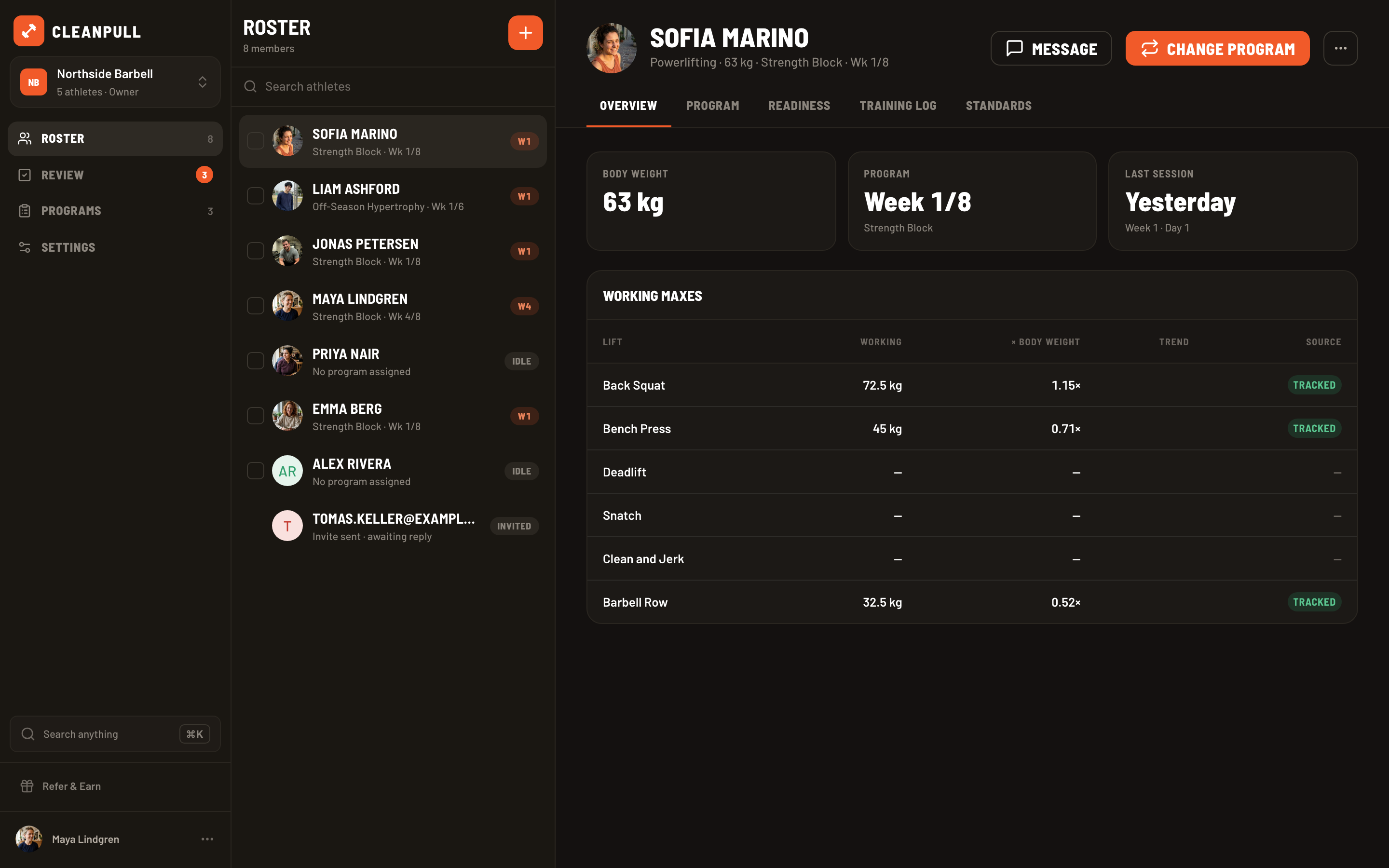 Desktop roster showing active athletes, programs, and pending invitations